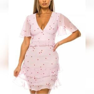 B DARLIN Womens Pink Lined Fitted Flutter Sleeve Short Dress, Hearts, Size 5/6